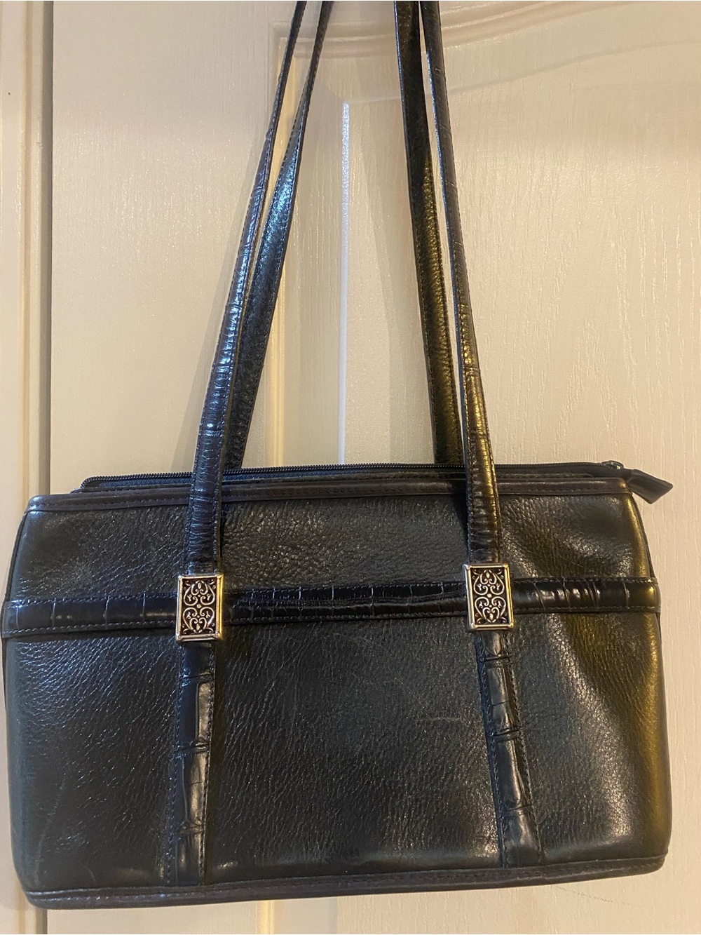 Navy Brighton Black Leather Shoulder Bag with Decorative Metal Accents